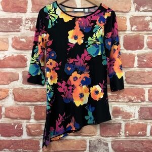 Susan Graver Top Women's XXS Multicolor Shadow Floral Asymmetric Tunic Shirt